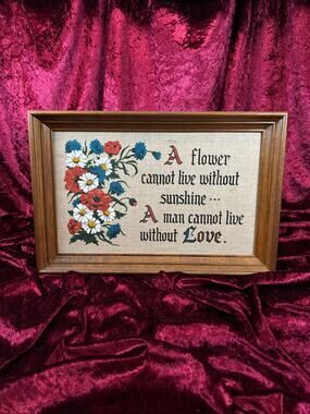 Vintage Linen Wall Art - Kay Dee Handprints Floral Love Quote Screenprint